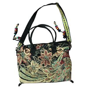 Black Gold Phoenix Floral Gold Sequin Embroidery Tassels Canvas Tote Bag Handbag